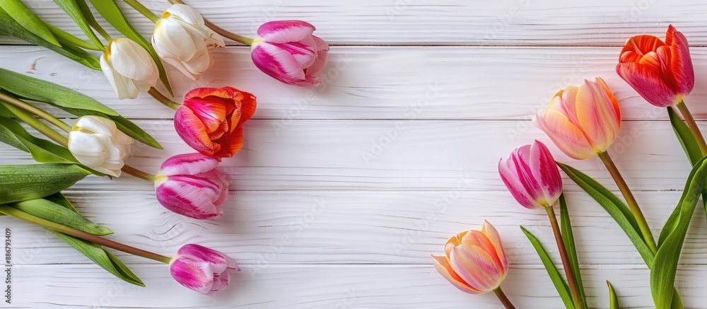 Poster Spring background with tulips in two corners against a white plank backdrop, ideal for inserting text with copy space image.
