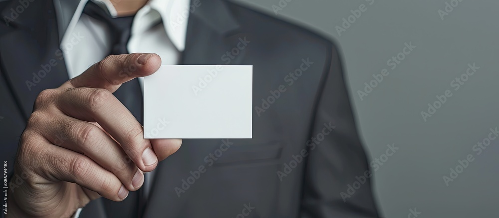 Poster close up of a man showcasing a blank business card against a gray backdrop, perfect for inserting a 