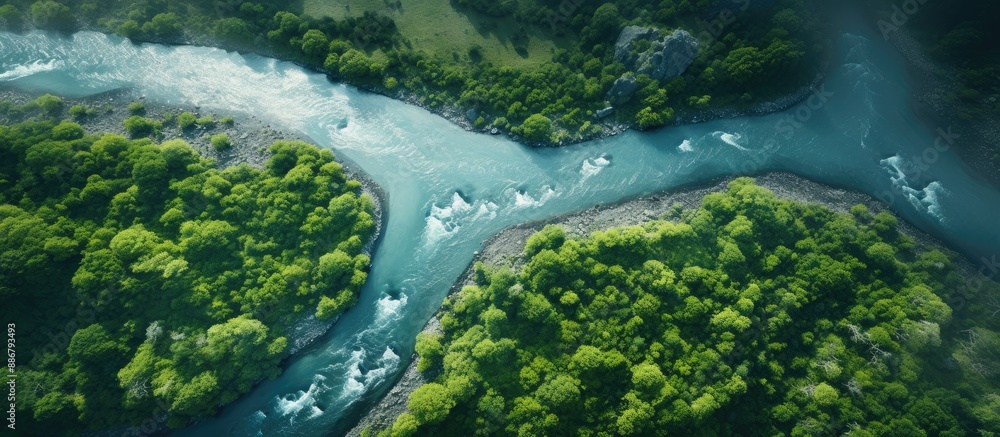 Poster View from above of a winding river with a copy space image.