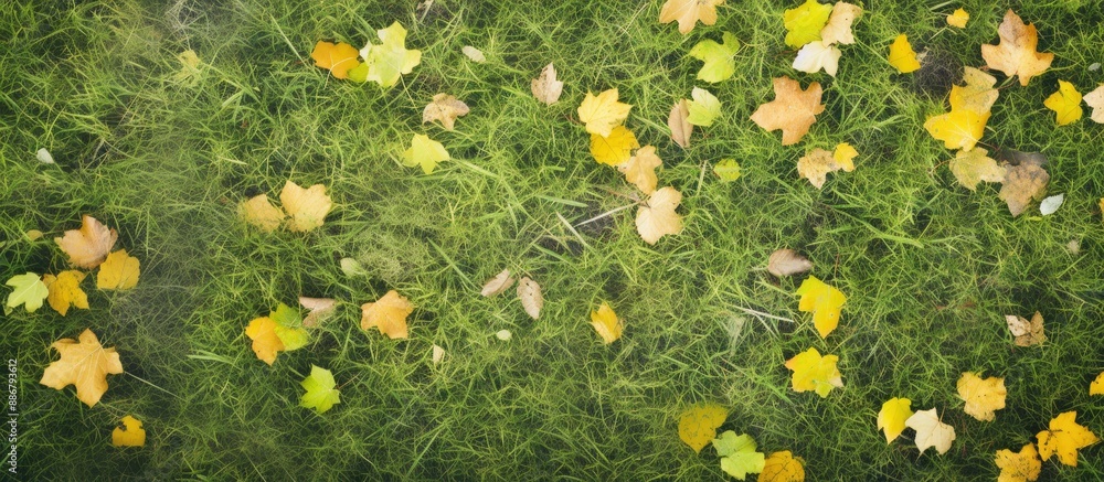 Aufkleber aerial view of yellow autumn leaves on green grass field with copy space image.