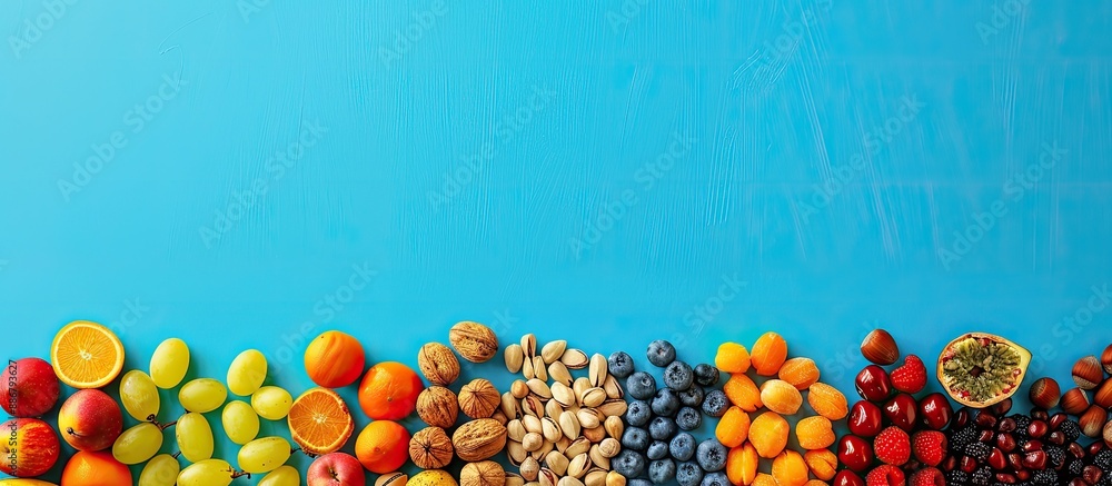 Aufkleber Raw nuts and fruits arranged in a row isolated on a vibrant background with copy space image available.