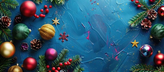 Festive ambiance with Christmas tree decoration featuring colorful balls and stars by a pine fir branch on blue background in a top-view copy space image.