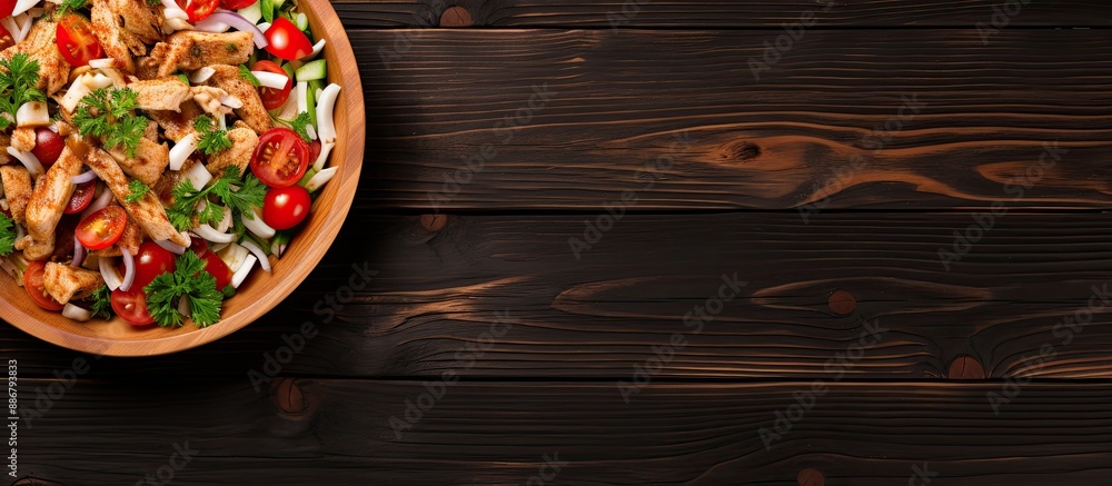 Poster Chicken salad with vegetables and tomatoes on a wooden surface with blank space for text, often referred to as a copy space image.