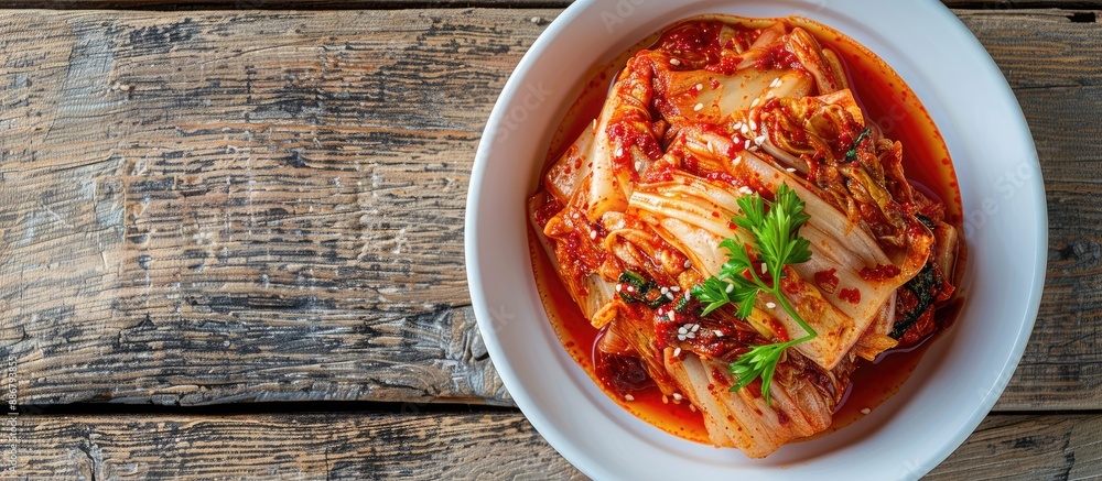 Poster a top view of korean cabbage kimchi in a white bowl on a wooden surface with selective focus. the le