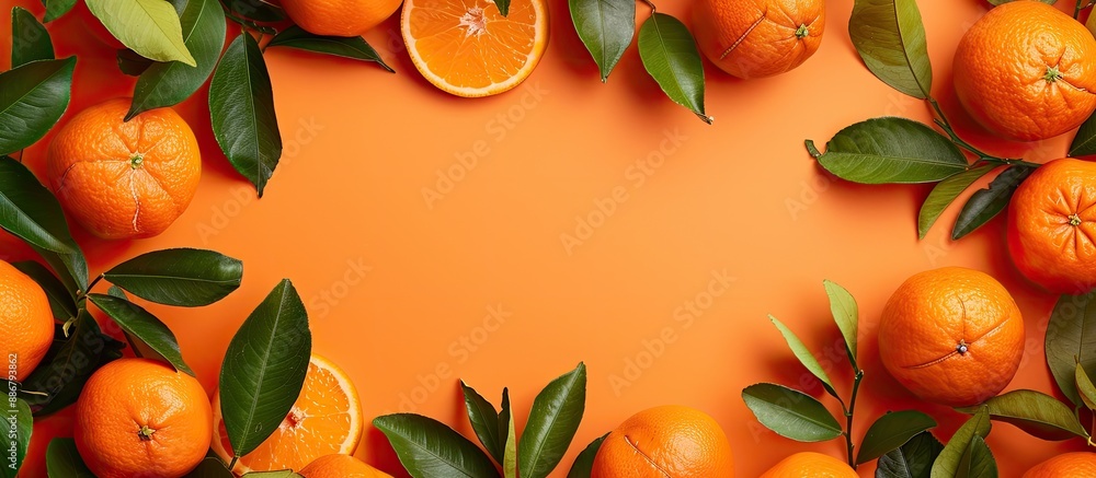 Poster Fresh ripe tangerines create a frame with a background of orange, perfect for a copy space image with citrus fruit.