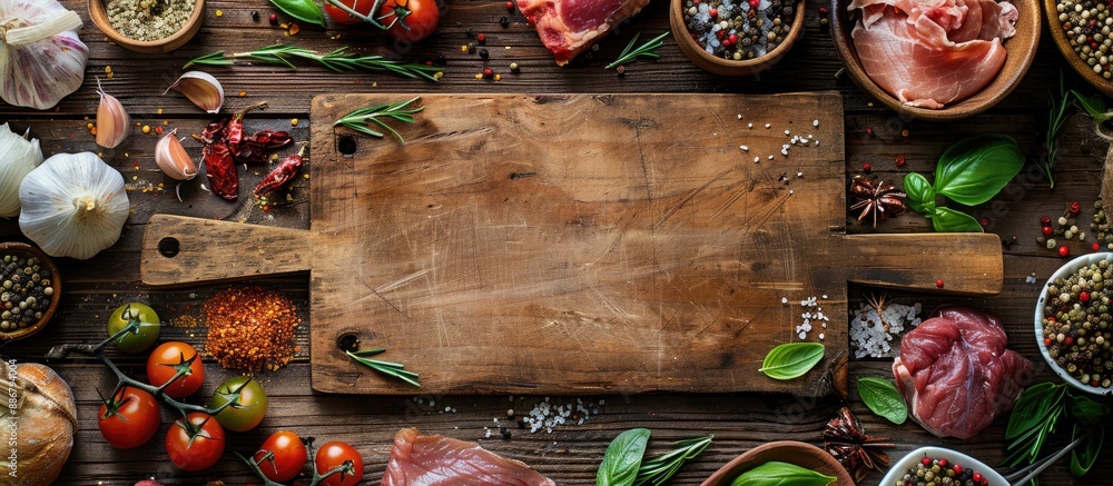 Poster rustic background with a cutting board surrounded by salted meat and cooking ingredients, top view, 