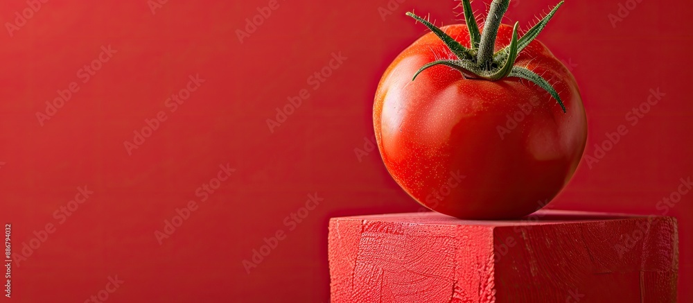 Poster A ripe tomato sits on a cube against a red backdrop in a copy space image.