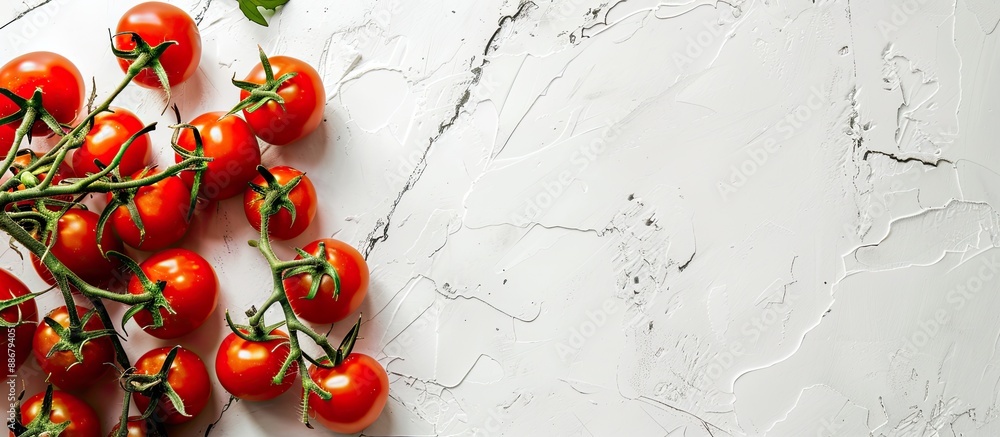 Poster rustic white background with tomatoes on the vine creating an appealing copy space image.