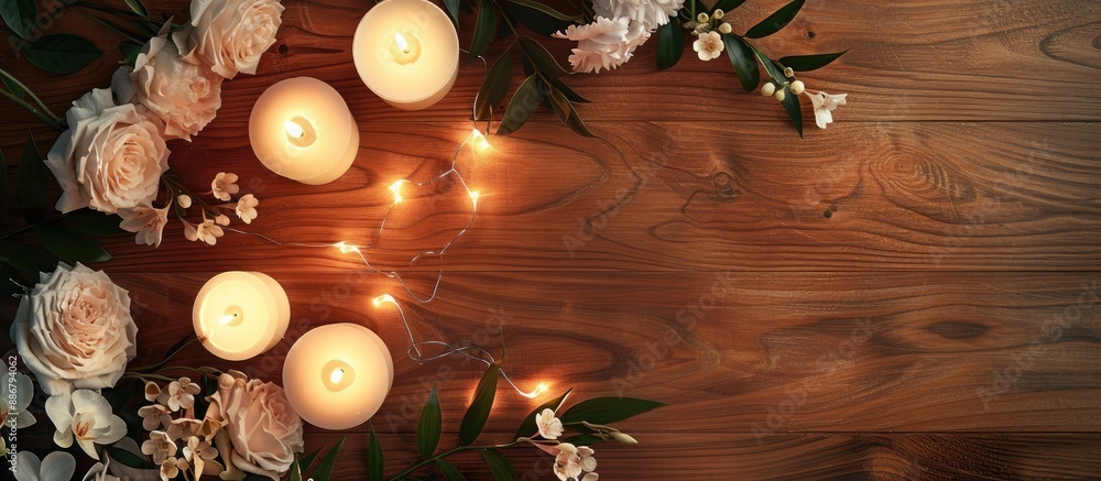 Poster a serene spa arrangement displayed on a wooden surface with glowing candles, fresh flowers, and a de