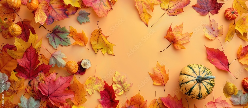 Poster copy space image of a pumpkin surrounded by fall leaves on a soft orange backdrop.