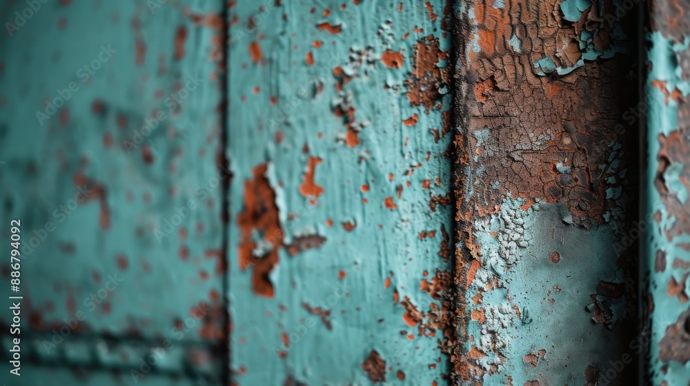 Poster this abstract image captures a close-up of a metal surface with peeling turquoise paint and rust, em
