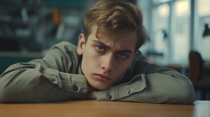 Obraz premium Eastern European Young Man with Serious Expression, Resting Head on Arms in Indoor Setting, Perfect for Editorial or Stock Photography