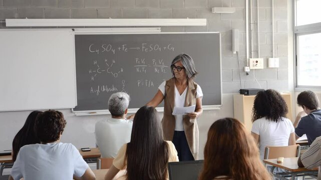 Female teacher handing out exams to a class of diverse teenagers. High school, university, academic exams