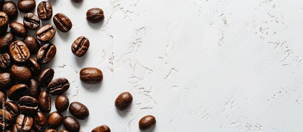 Poster roasted coffee beans arranged on a white background from a top view for a summer-themed quote with c