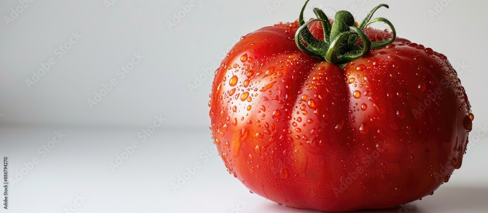 Poster large and flavorful red beefsteak tomato with a white background featuring red drops offers great co