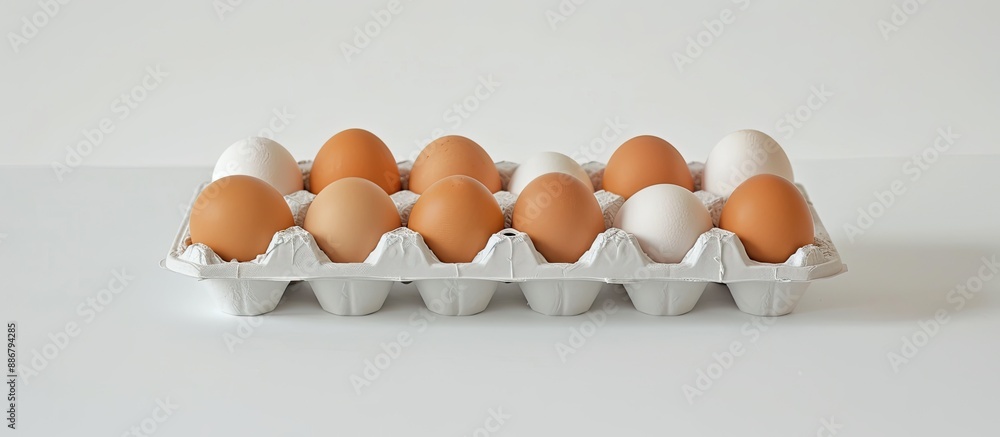 Poster Side view of a tray of eggs on a white background, creating a perfect copy space image for food objects.