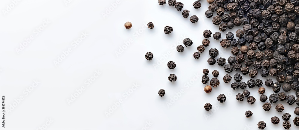 Poster Black peppercorns with a white background providing ample space for additional content in the image.