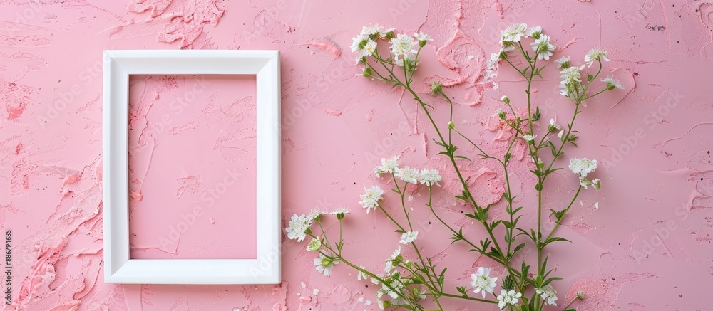 Poster top view mockup featuring a white picture frame with mouse-ear chickweed flowers on a pink textured 