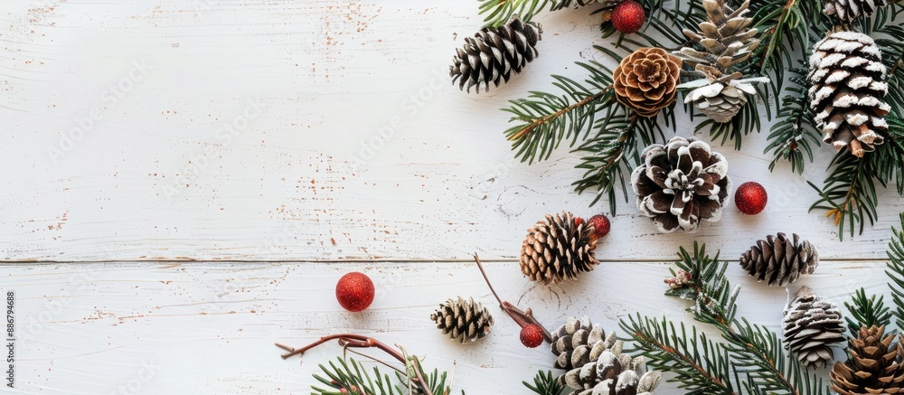 Aufkleber a festive background featuring christmas decorations, like pine and cypress cones with twigs, set on