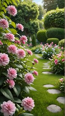 Beautiful garden with pink flowers and green grass