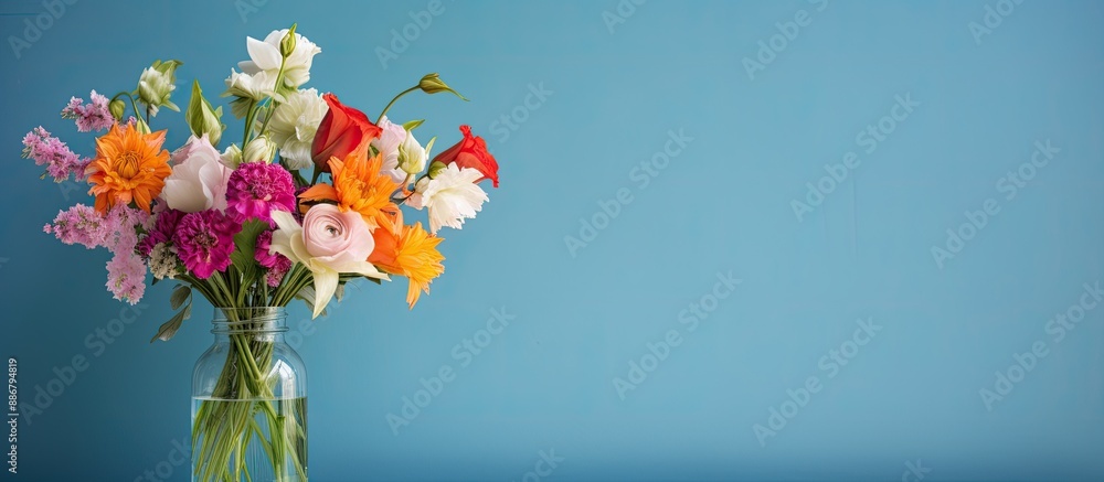 Poster a vibrant bouquet of colorful flowers displayed in a clear bottle on a light blue table against a bl