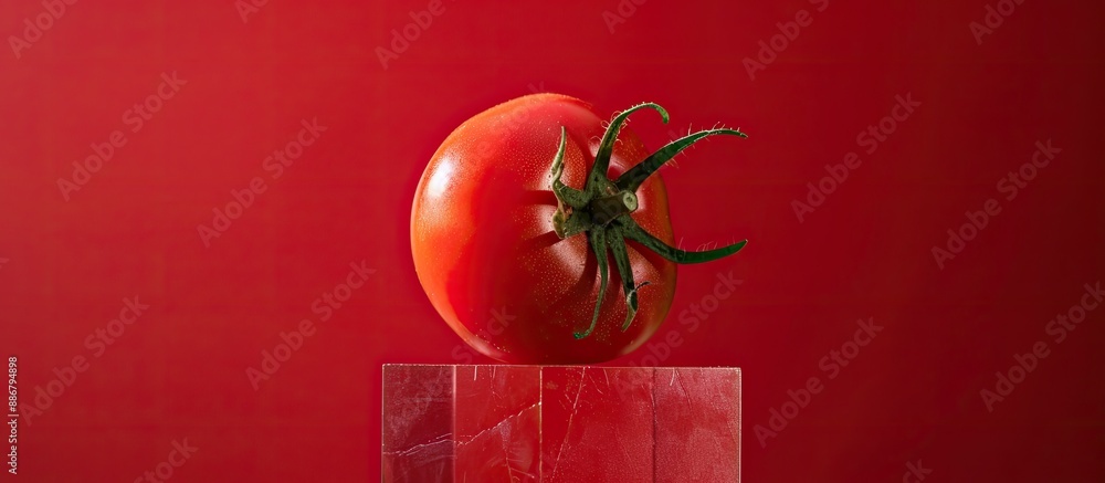 Poster A ripe tomato sits on a cube against a red backdrop in a copy space image.