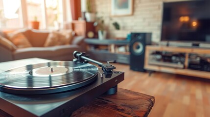 Fototapeta premium Modern vinyl rotating table on wooden table with living room background. The atmosphere of the house is relaxed as well.
