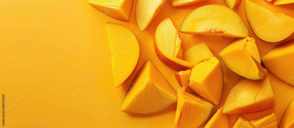 Leinwandbilder top view of delicious mango slices on a background with copy space image.