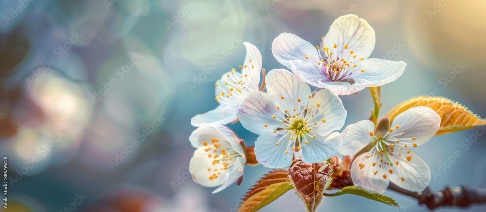 Poster spring garden cherry flower macro photo with copy space image.