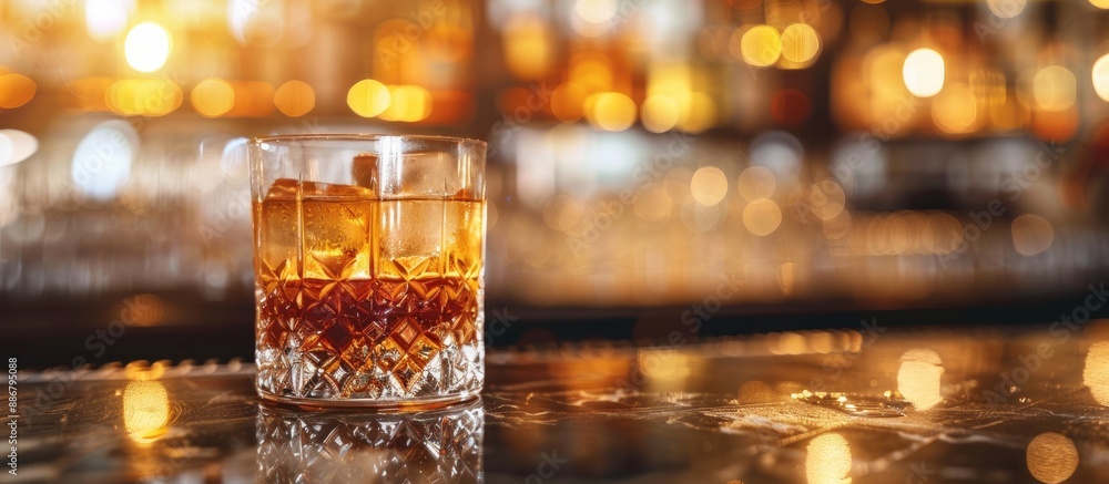 Poster Whisky on the rocks cocktail in a close-up shot on a bar counter with a background suitable for adding text or graphics - copy space image.