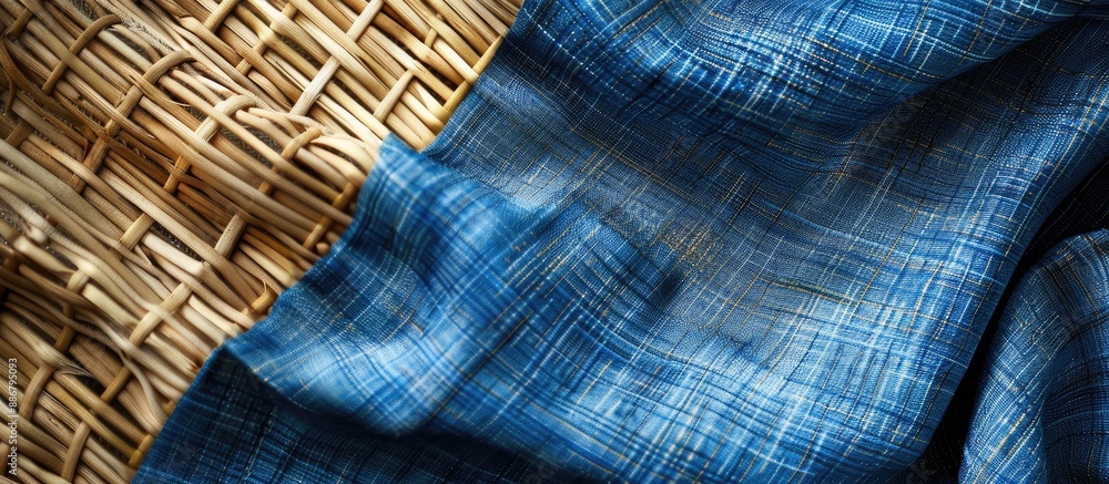 Fototapete Geometric pattern on blue fabric with copy space image on wicker background, creating a soft focus effect.
