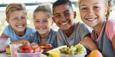 Diverse group of children smiling and enjoying healthy snacks together