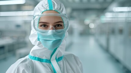 Scientist in protective gear smiling while working in a cleanroom environment representing dedication to scientific research and innovation Portrait, Realistic Photo, High resolution, Half-body