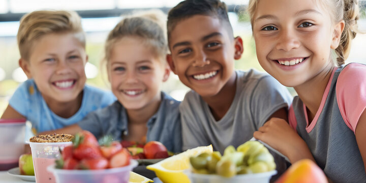 Diverse group of children smiling and enjoying healthy snacks together