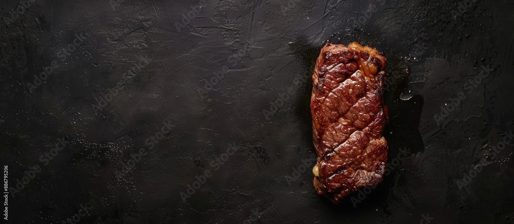 Poster Top view of cooking a steak on a dark background with copy space image.