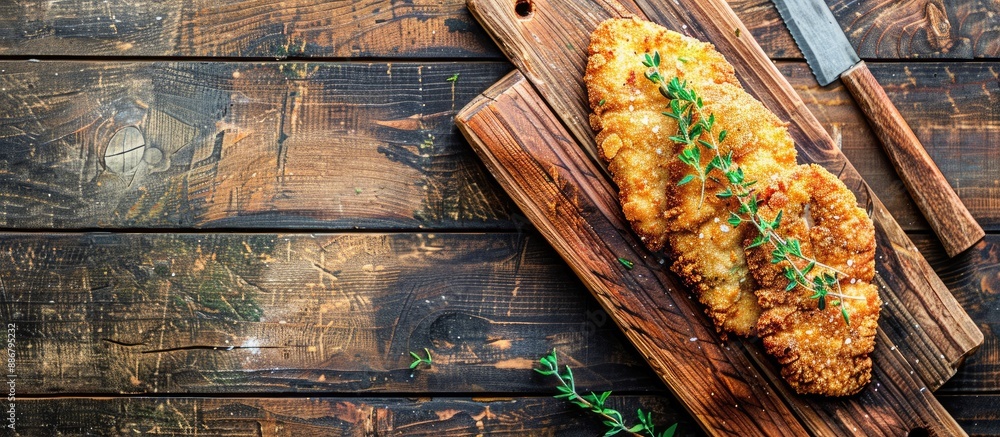 Poster View from above of a fresh Wiener schnitzel with breadcrumbs on a wooden board, garnished with thyme on a rustic wooden surface, displaying copy space image.