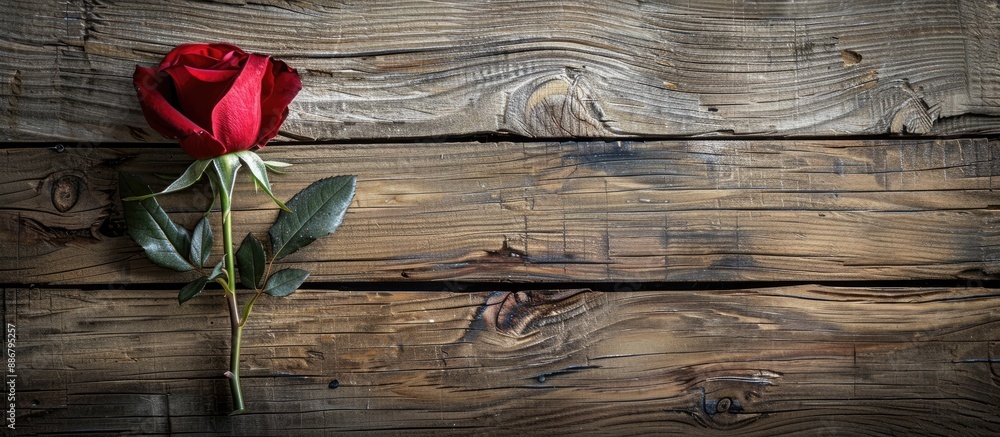Aufkleber Valentine's Day-themed background with a solitary red rose placed on a wooden surface, creating an aesthetically pleasing composition with ample copy space image.