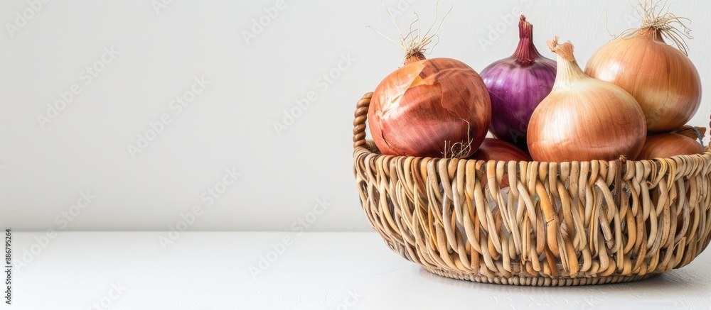 Poster three sizable onions in a rustic wicker basket against a blank white backdrop with ample copy space 