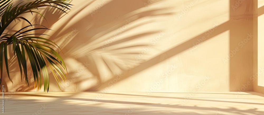 Poster minimal room with a warm light setting, featuring a palm leaf shadow overlay for presenting a produc