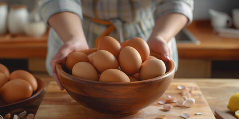 Woman holding wooden bowl full of fresh brown eggs in rustic kitchen