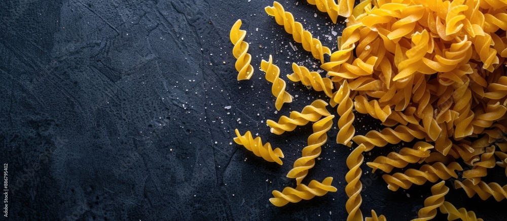 Poster Dried pasta displayed on a dark tabletop with ample copy space image available.