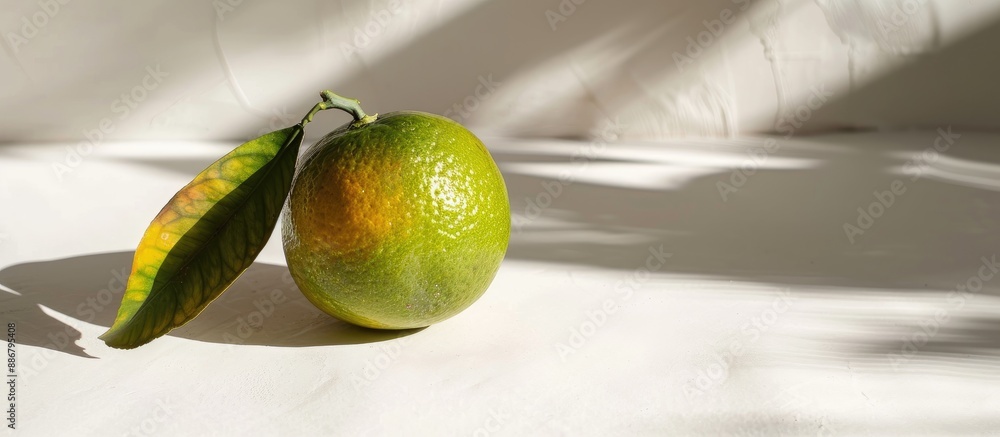 Poster Design concept with a green raw tangerine isolated on a white backdrop featuring shadows and a soft focus, ideal for copy space image.