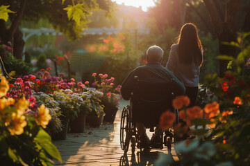 Elderly man in wheelchair with young woman in garden. Appreciating moments of care and connection in a serene setting. Shared experiences of different ages.