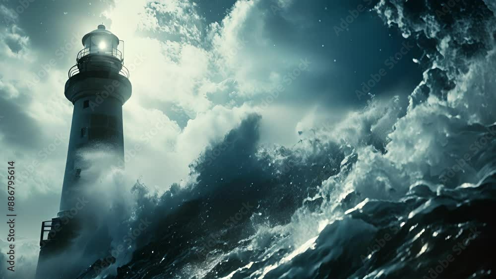Poster the solarpowered lighthouse stands resilient in the face of storms and rough weather constantly prov
