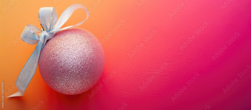 Poster a decorative christmas ball with a ribbon bow on a colorful background, presenting a copy space imag