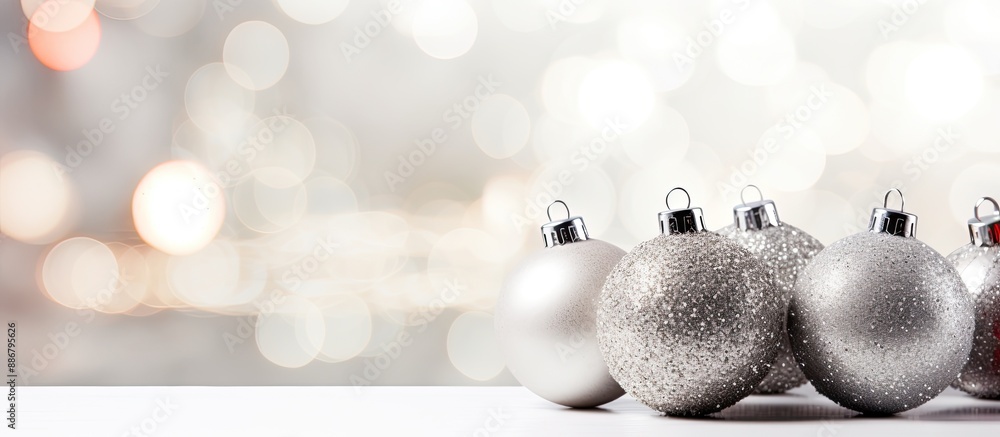 Poster festive christmas decorations like balls and ribbons on a sparkling silver background with room for 