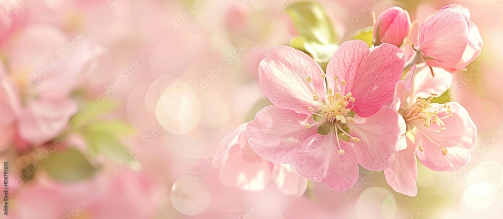 Poster soft pastel-colored floral card with pink spring apple bloom background, featuring selective focus a