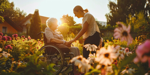 Young woman holding hands with elderly woman in wheelchair in a garden. Embracing intergenerational connection and the warmth of family bonds. Shared experiences of different ages.