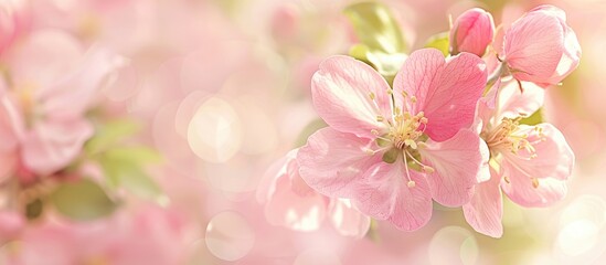 Soft pastel-colored floral card with pink spring apple bloom background, featuring selective focus and a toned palette for a copy space image.