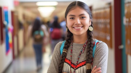 Native American Student Standing Confidently in School Hallway, Symbolizing Cultural Diversity, Education, and Youth Empowerment